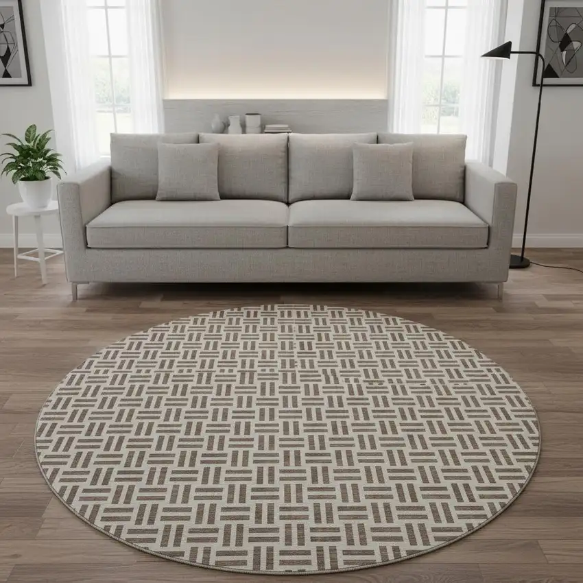 8' Chocolate And Beige Geometric Washable Round Rug With UV Protection Photo 2
