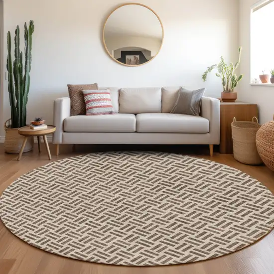 8' Chocolate And Beige Geometric Washable Round Rug With UV Protection Photo 4