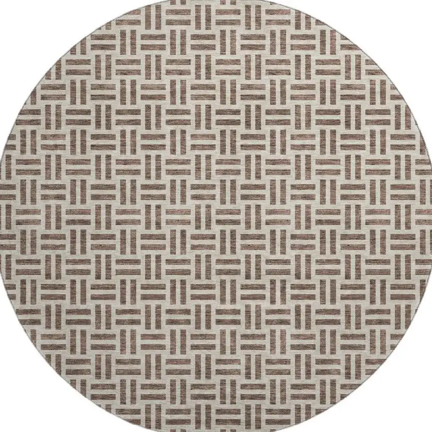 8' Chocolate And Beige Geometric Washable Round Rug With UV Protection Photo 3