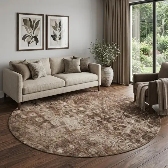 8' Chocolate And Beige Ikat Washable Round Rug With UV Protection Photo 1