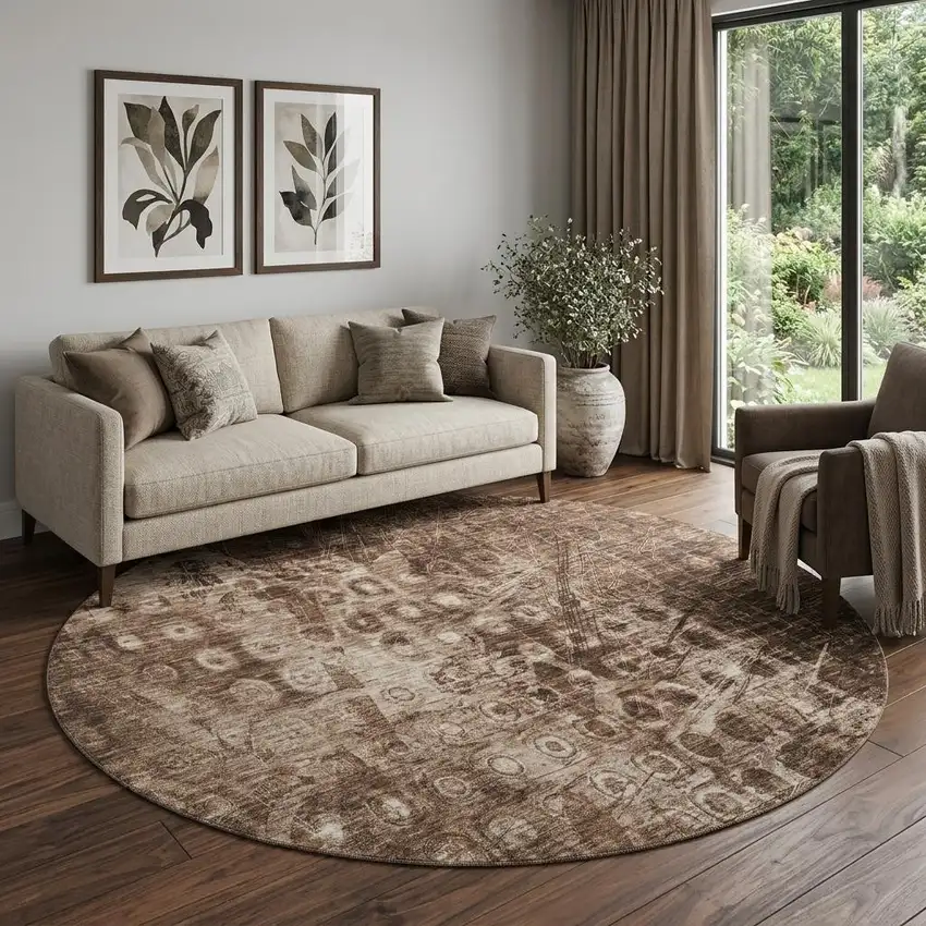 8' Chocolate And Beige Ikat Washable Round Rug With UV Protection Photo 1
