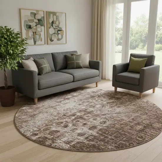 8' Chocolate And Beige Ikat Washable Round Rug With UV Protection Photo 1