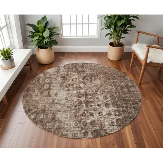 8' Chocolate And Beige Ikat Washable Round Rug With UV Protection Photo 2