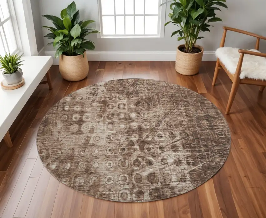 8' Chocolate And Beige Ikat Washable Round Rug With UV Protection Photo 2