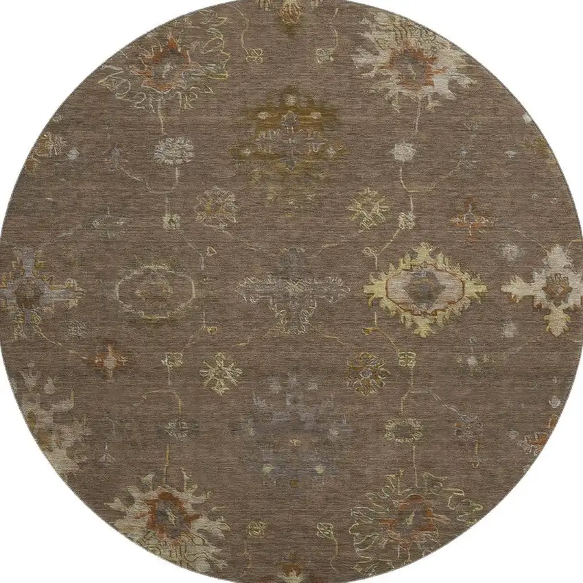 8' Chocolate And Beige Oriental Washable Round Rug With UV Protection Photo 4