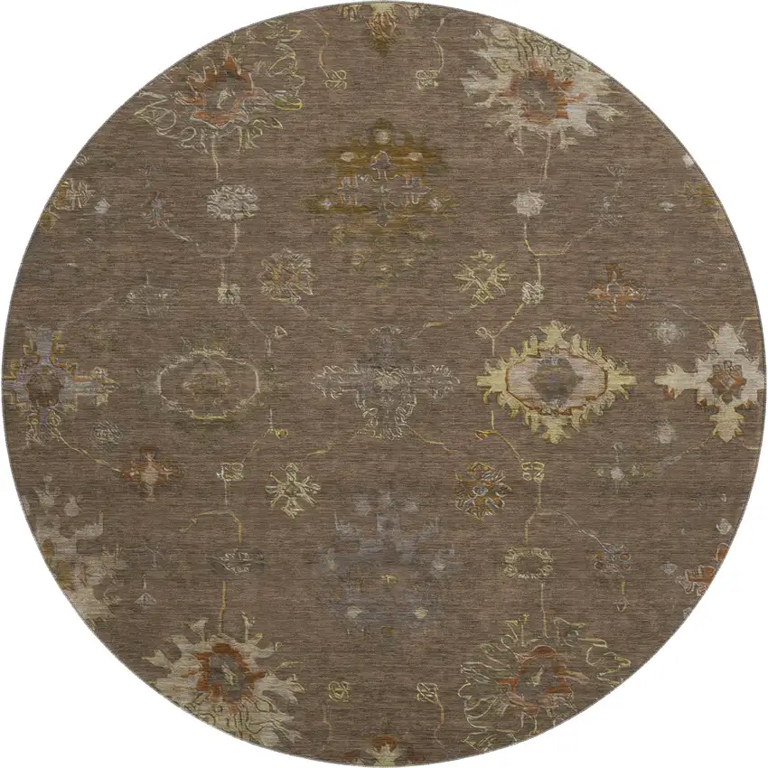 8' Chocolate And Beige Oriental Washable Round Rug With UV Protection Photo 1