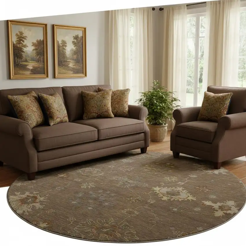 8' Chocolate And Beige Oriental Washable Round Rug With UV Protection Photo 2