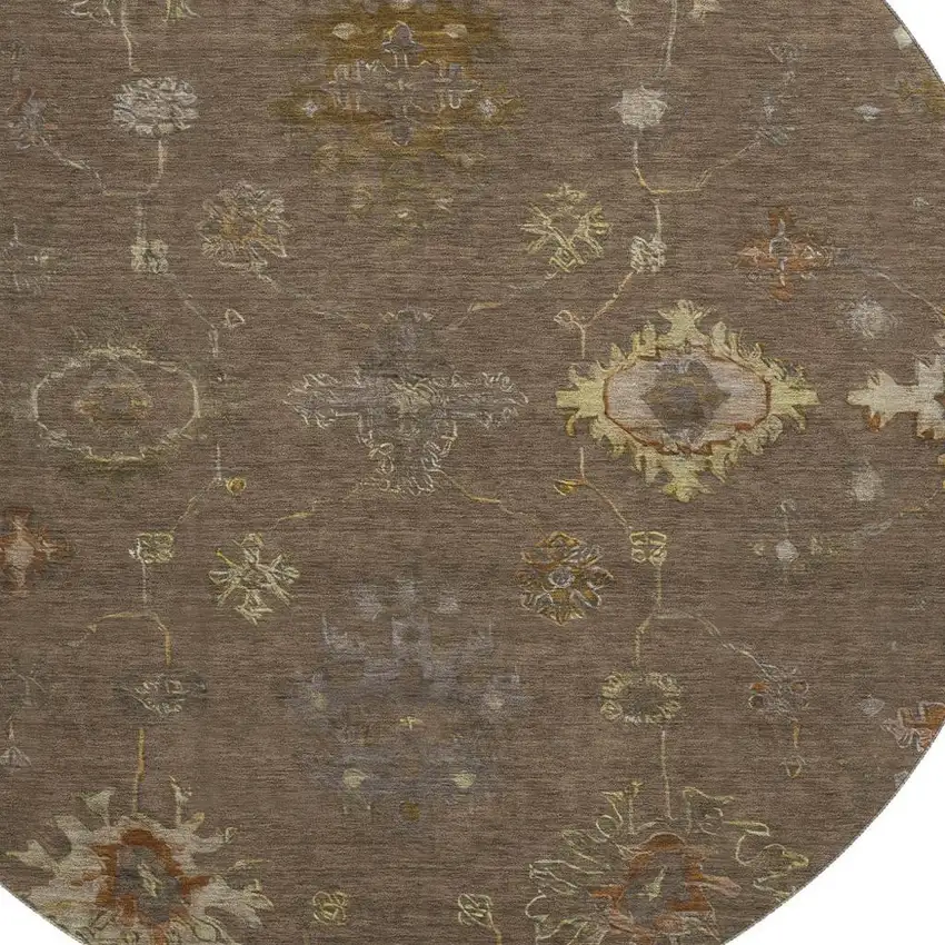 8' Chocolate And Beige Oriental Washable Round Rug With UV Protection Photo 3