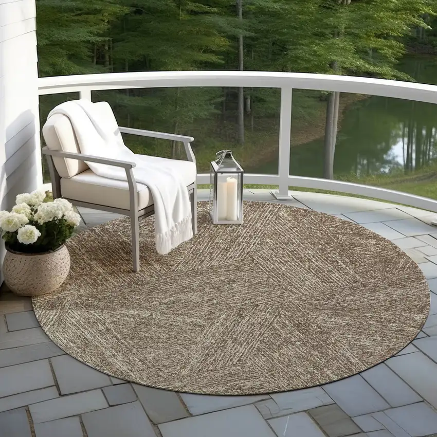8' Chocolate And Beige Round Abstract Washable Indoor Outdoor Area Rug Photo 6