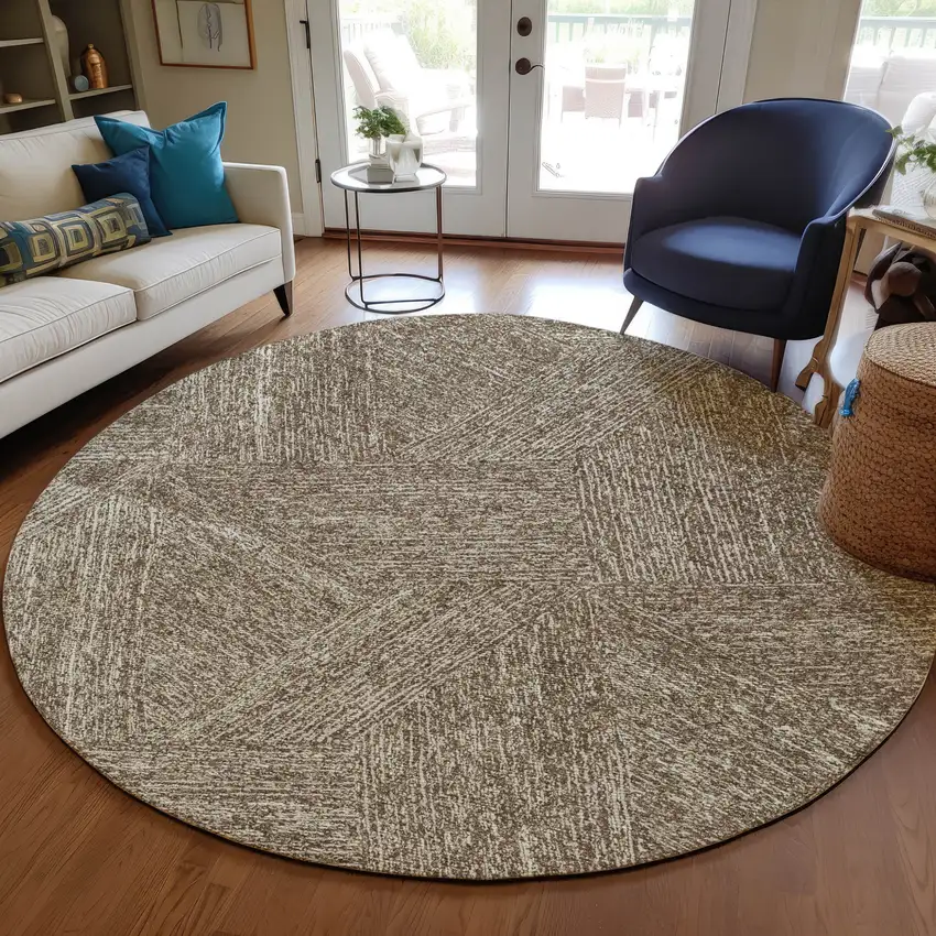 8' Chocolate And Beige Round Abstract Washable Indoor Outdoor Area Rug Photo 7