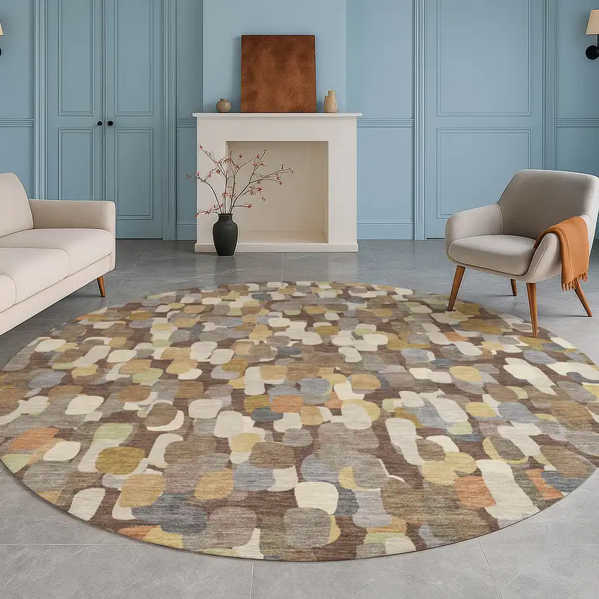 8' Chocolate And Beige Round Abstract Washable Indoor Outdoor Area Rug Photo 5