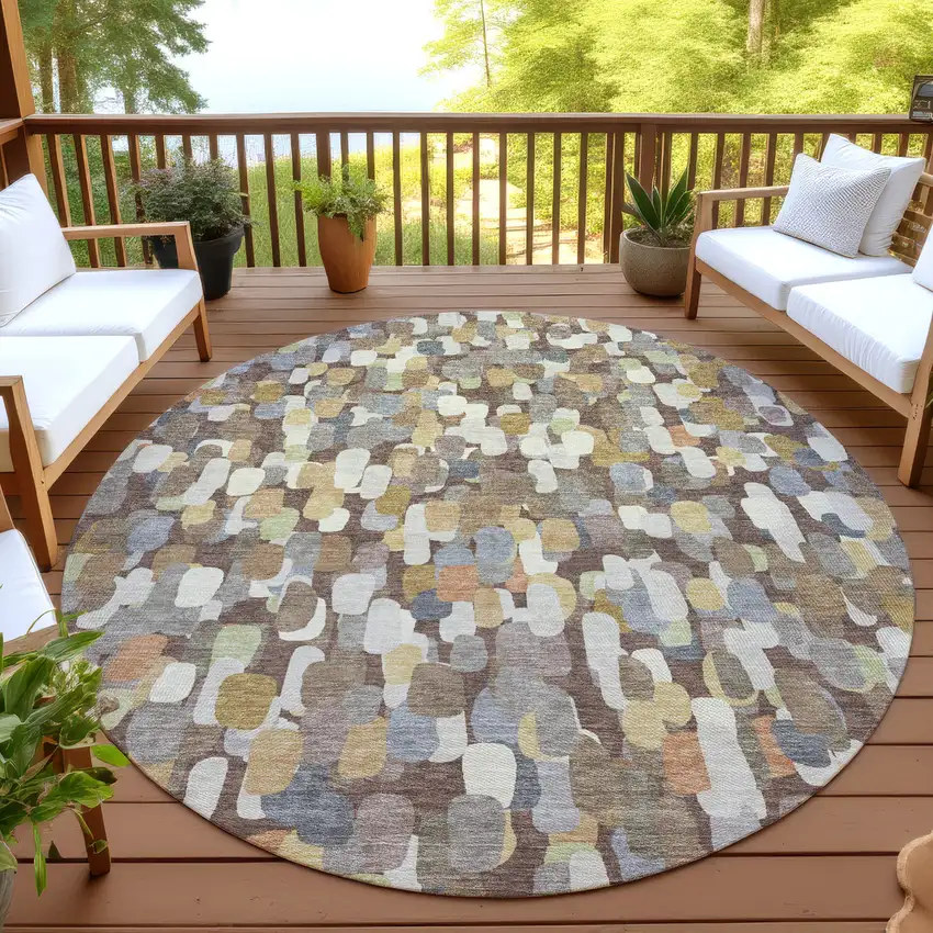 8' Chocolate And Beige Round Abstract Washable Indoor Outdoor Area Rug Photo 4