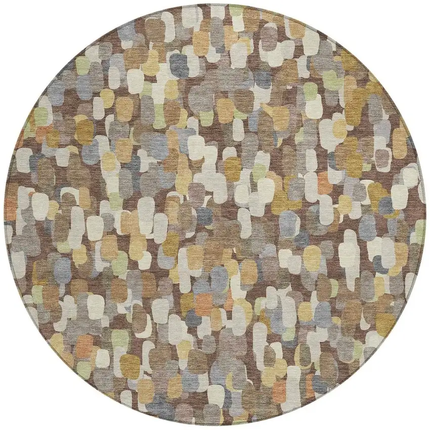 8' Chocolate And Beige Round Abstract Washable Indoor Outdoor Area Rug Photo 3