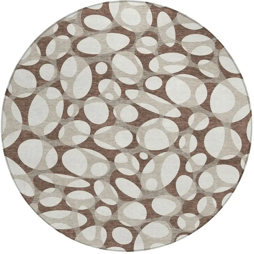8' Chocolate And Beige Round Abstract Washable Indoor Outdoor Area Rug Photo 3