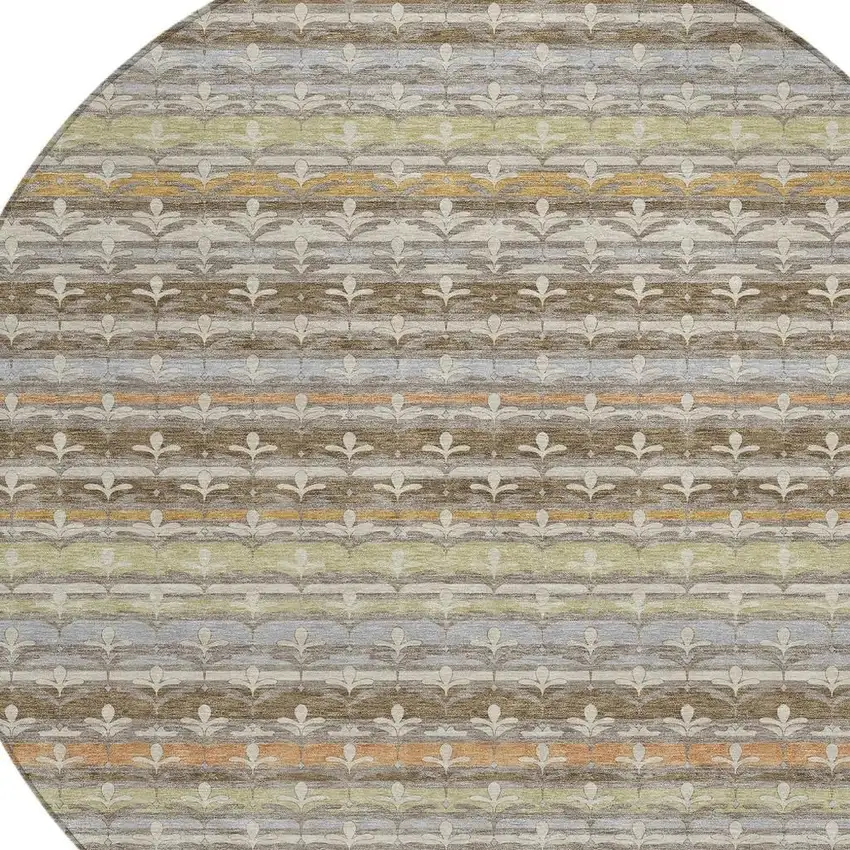 8' Chocolate And Beige Round Damask Washable Indoor Outdoor Area Rug Photo 2