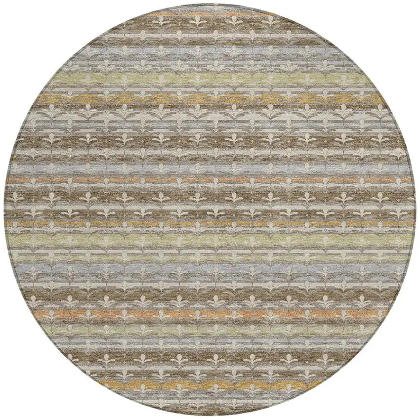 8' Chocolate And Beige Round Damask Washable Indoor Outdoor Area Rug Photo 3