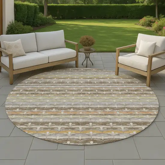 8' Chocolate And Beige Round Damask Washable Indoor Outdoor Area Rug Photo 4