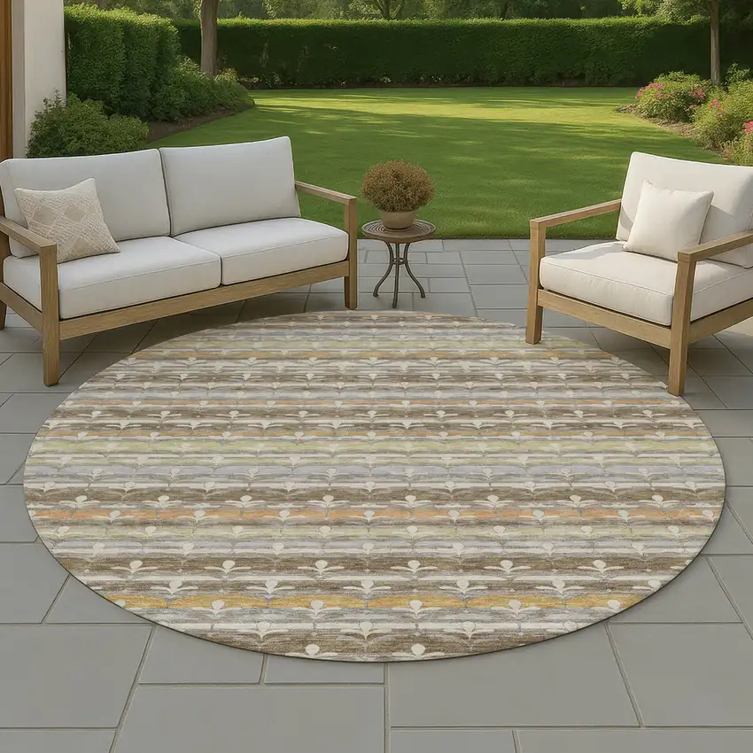 8' Chocolate And Beige Round Damask Washable Indoor Outdoor Area Rug Photo 4