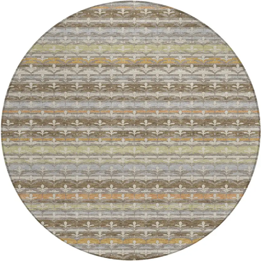 8' Chocolate And Beige Round Damask Washable Indoor Outdoor Area Rug Photo 1