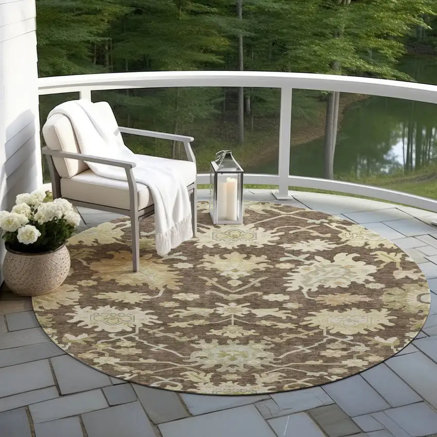 8' Chocolate And Beige Round Floral Washable Indoor Outdoor Area Rug Photo 8