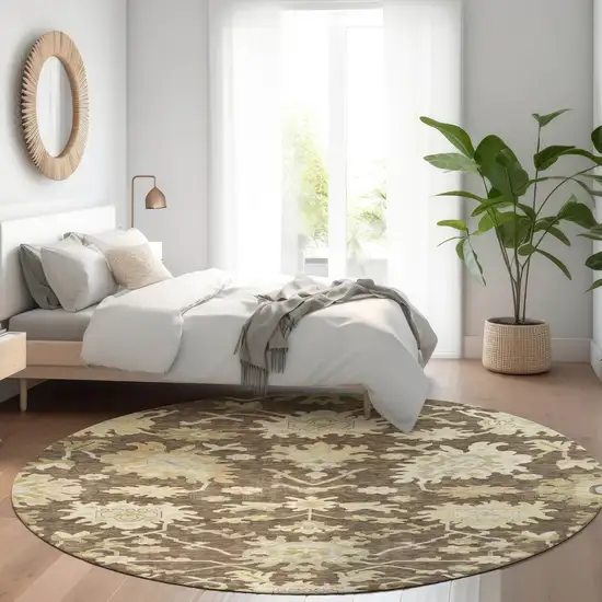 8' Chocolate And Beige Round Floral Washable Indoor Outdoor Area Rug Photo 9