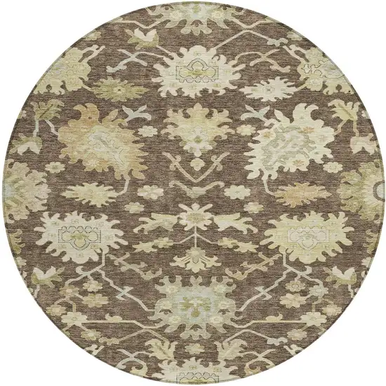 8' Chocolate And Beige Round Floral Washable Indoor Outdoor Area Rug Photo 7