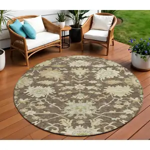 Photo of 8' Chocolate And Beige Round Floral Washable Indoor Outdoor Area Rug