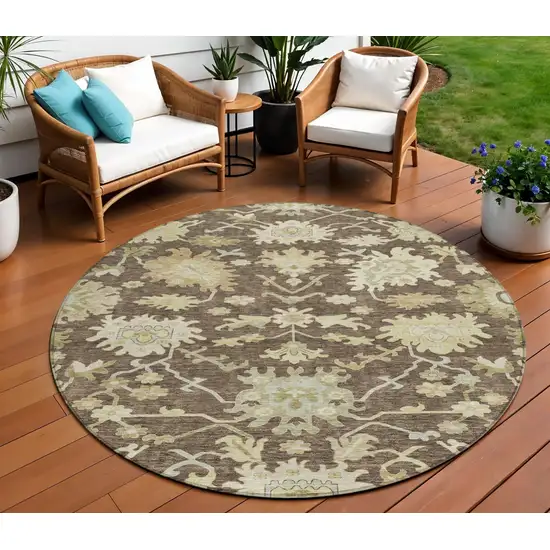 8' Chocolate And Beige Round Floral Washable Indoor Outdoor Area Rug Photo 1