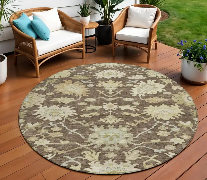 8' Chocolate And Beige Round Floral Washable Indoor Outdoor Area Rug Photo 1