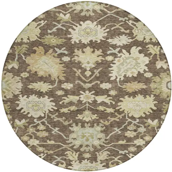 8' Chocolate And Beige Round Floral Washable Indoor Outdoor Area Rug Photo 2
