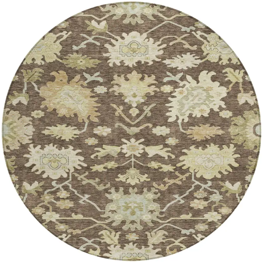 8' Chocolate And Beige Round Floral Washable Indoor Outdoor Area Rug Photo 2