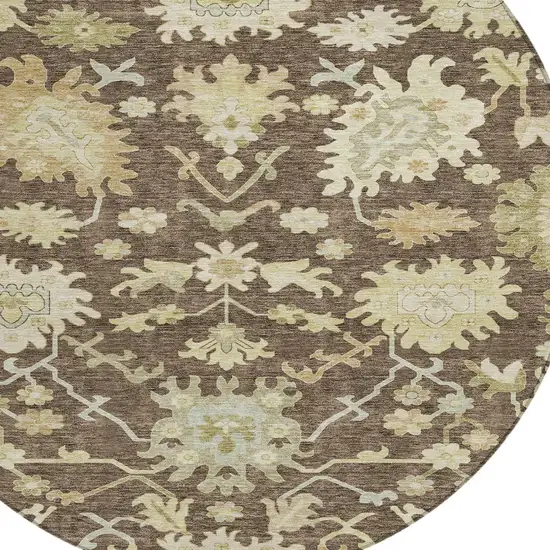 8' Chocolate And Beige Round Floral Washable Indoor Outdoor Area Rug Photo 6