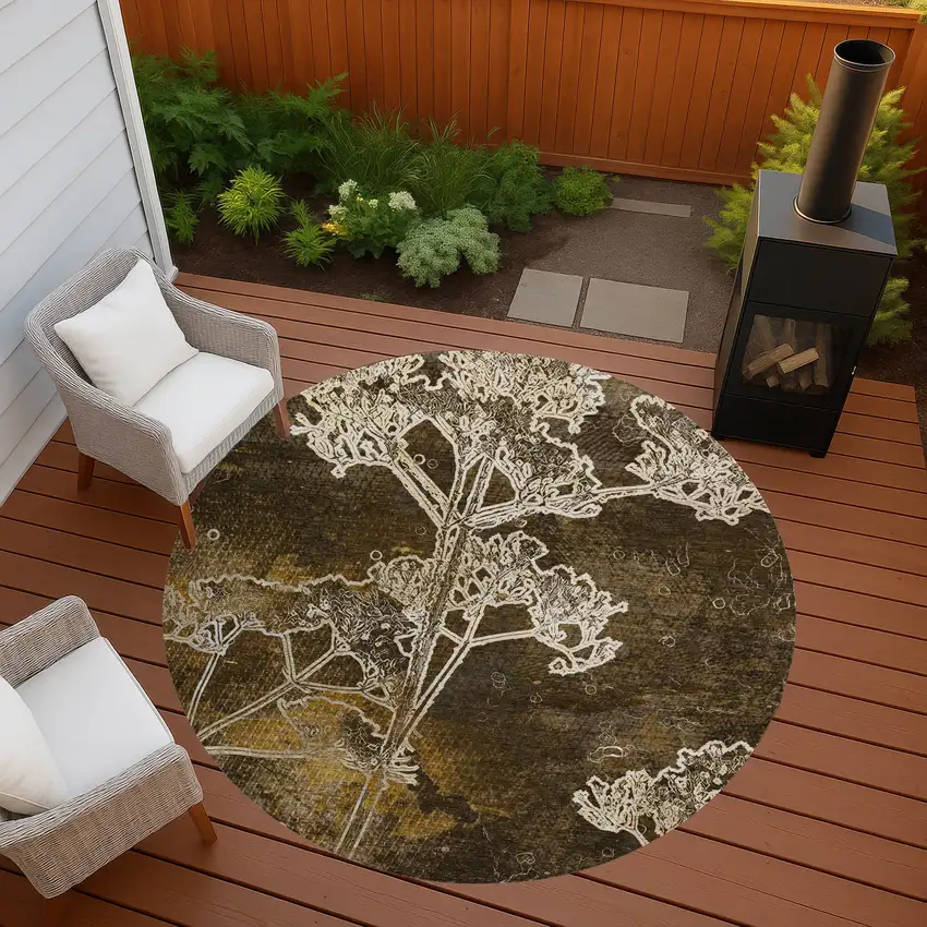 8' Chocolate And Beige Round Floral Washable Indoor Outdoor Area Rug Photo 9