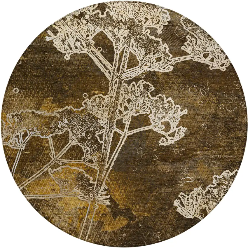 8' Chocolate And Beige Round Floral Washable Indoor Outdoor Area Rug Photo 2