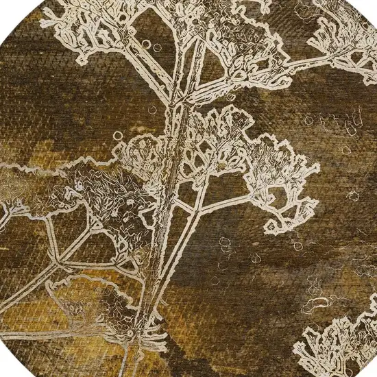 8' Chocolate And Beige Round Floral Washable Indoor Outdoor Area Rug Photo 7