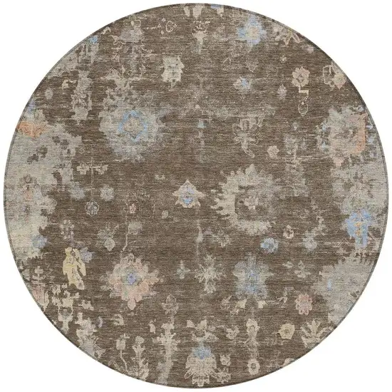 8' Chocolate And Beige Round Floral Washable Indoor Outdoor Area Rug Photo 4