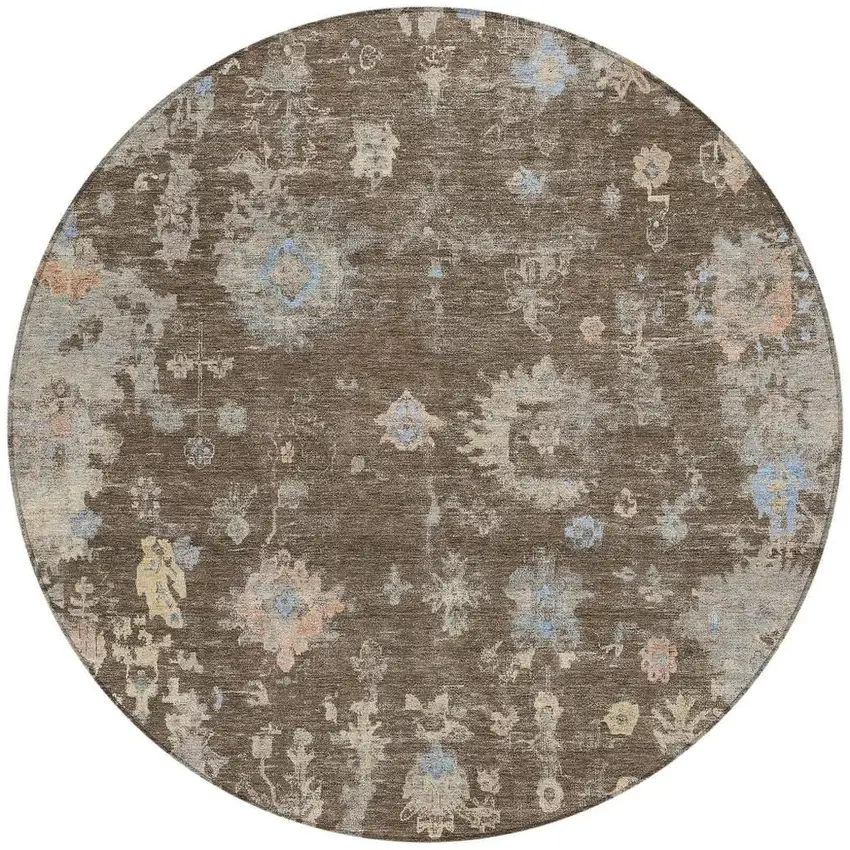 8' Chocolate And Beige Round Floral Washable Indoor Outdoor Area Rug Photo 4