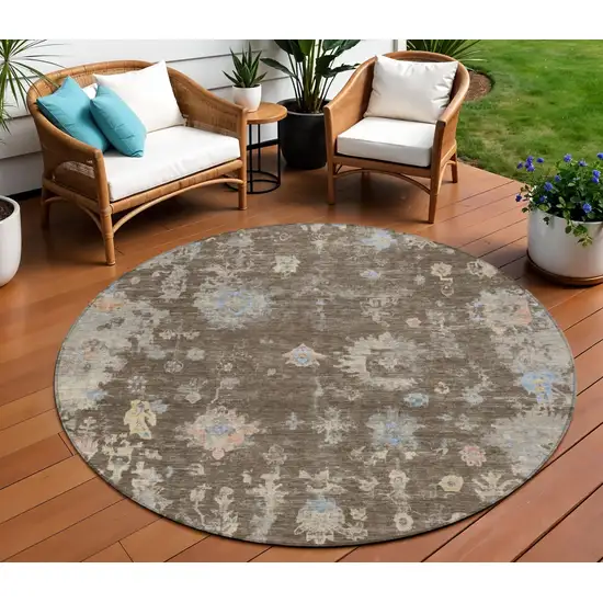 8' Chocolate And Beige Round Floral Washable Indoor Outdoor Area Rug Photo 1