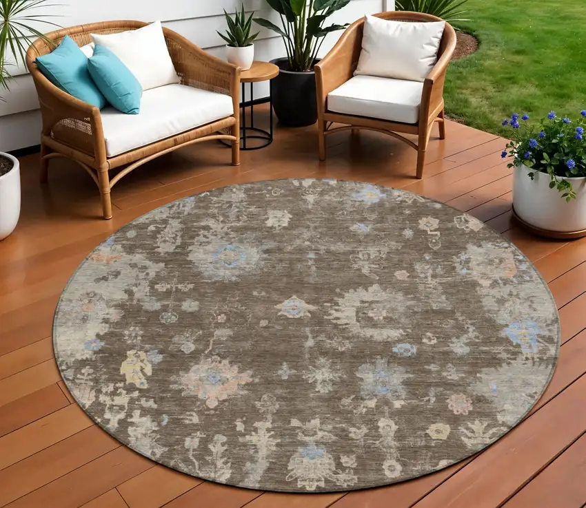 8' Chocolate And Beige Round Floral Washable Indoor Outdoor Area Rug Photo 1