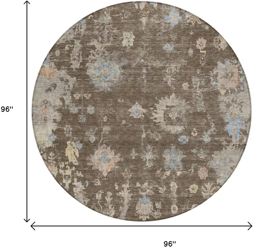 8' Chocolate And Beige Round Floral Washable Indoor Outdoor Area Rug Photo 3
