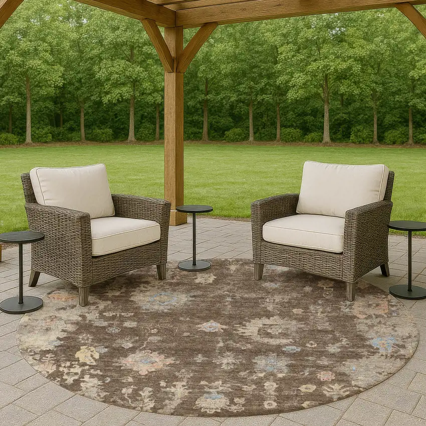 8' Chocolate And Beige Round Floral Washable Indoor Outdoor Area Rug Photo 8