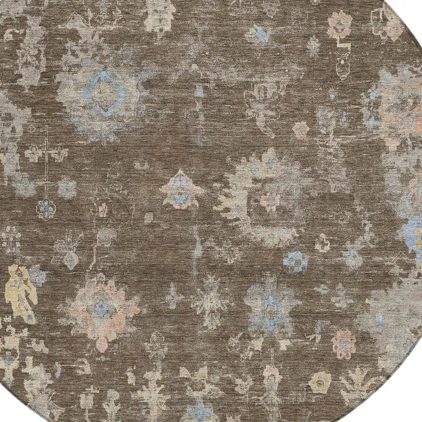 8' Chocolate And Beige Round Floral Washable Indoor Outdoor Area Rug Photo 7