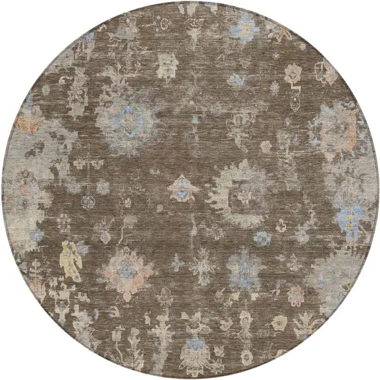 8' Chocolate And Beige Round Floral Washable Indoor Outdoor Area Rug Photo 2