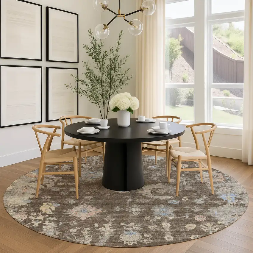 8' Chocolate And Beige Round Floral Washable Indoor Outdoor Area Rug Photo 9