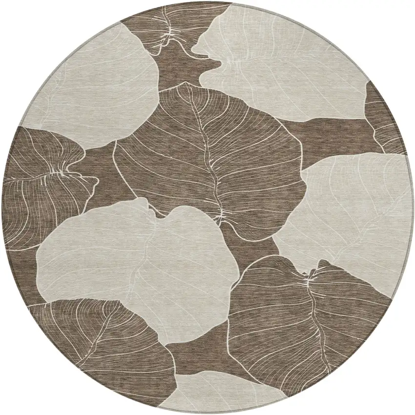 8' Chocolate And Beige Round Floral Washable Indoor Outdoor Area Rug Photo 6