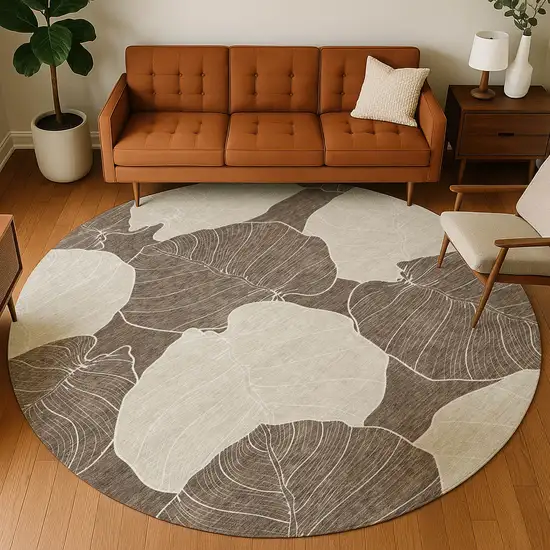 8' Chocolate And Beige Round Floral Washable Indoor Outdoor Area Rug Photo 5