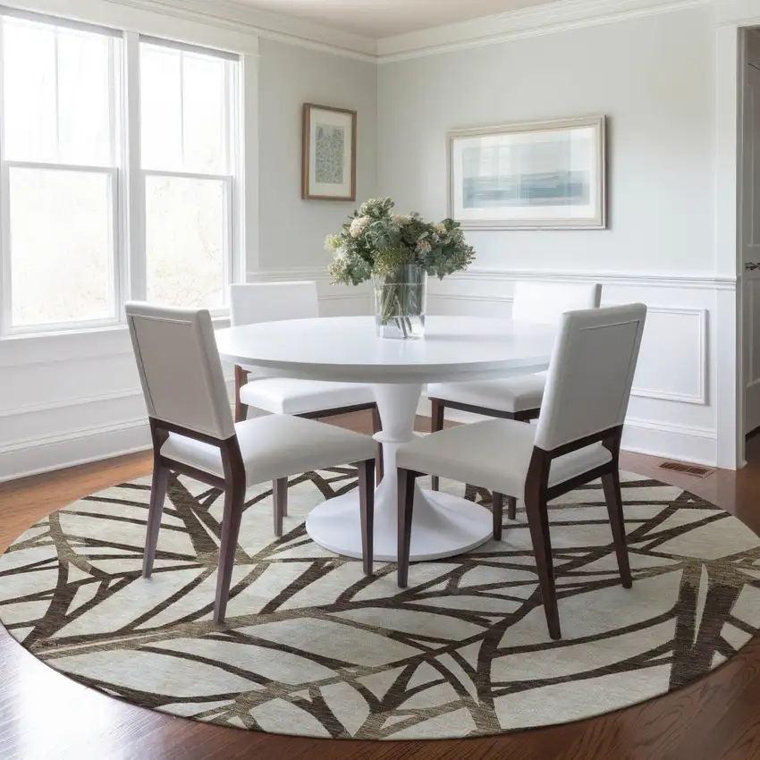 8' Chocolate And Beige Round Floral Washable Indoor Outdoor Area Rug Photo 7
