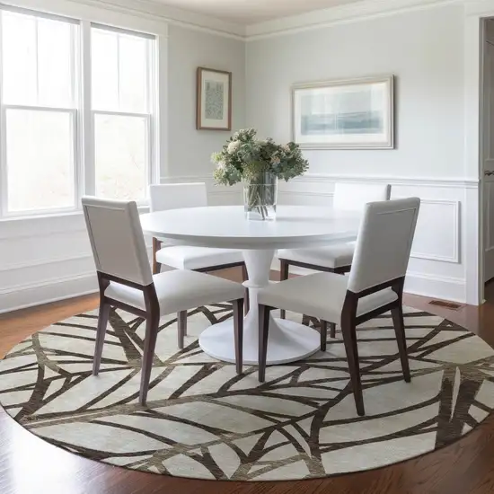 8' Chocolate And Beige Round Floral Washable Indoor Outdoor Area Rug Photo 7