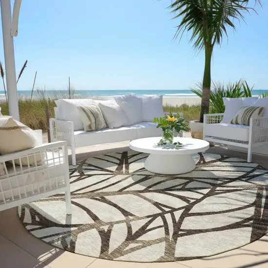 8' Chocolate And Beige Round Floral Washable Indoor Outdoor Area Rug Photo 7
