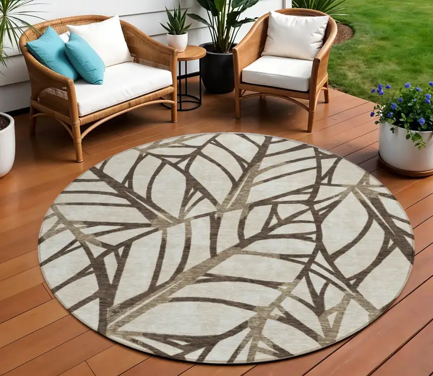 8' Chocolate And Beige Round Floral Washable Indoor Outdoor Area Rug Photo 1